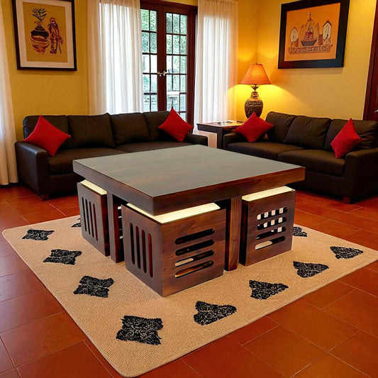 Thar Arts And Furniture - Sheesham Wood 4 Seater Coffee Table with Stool Set