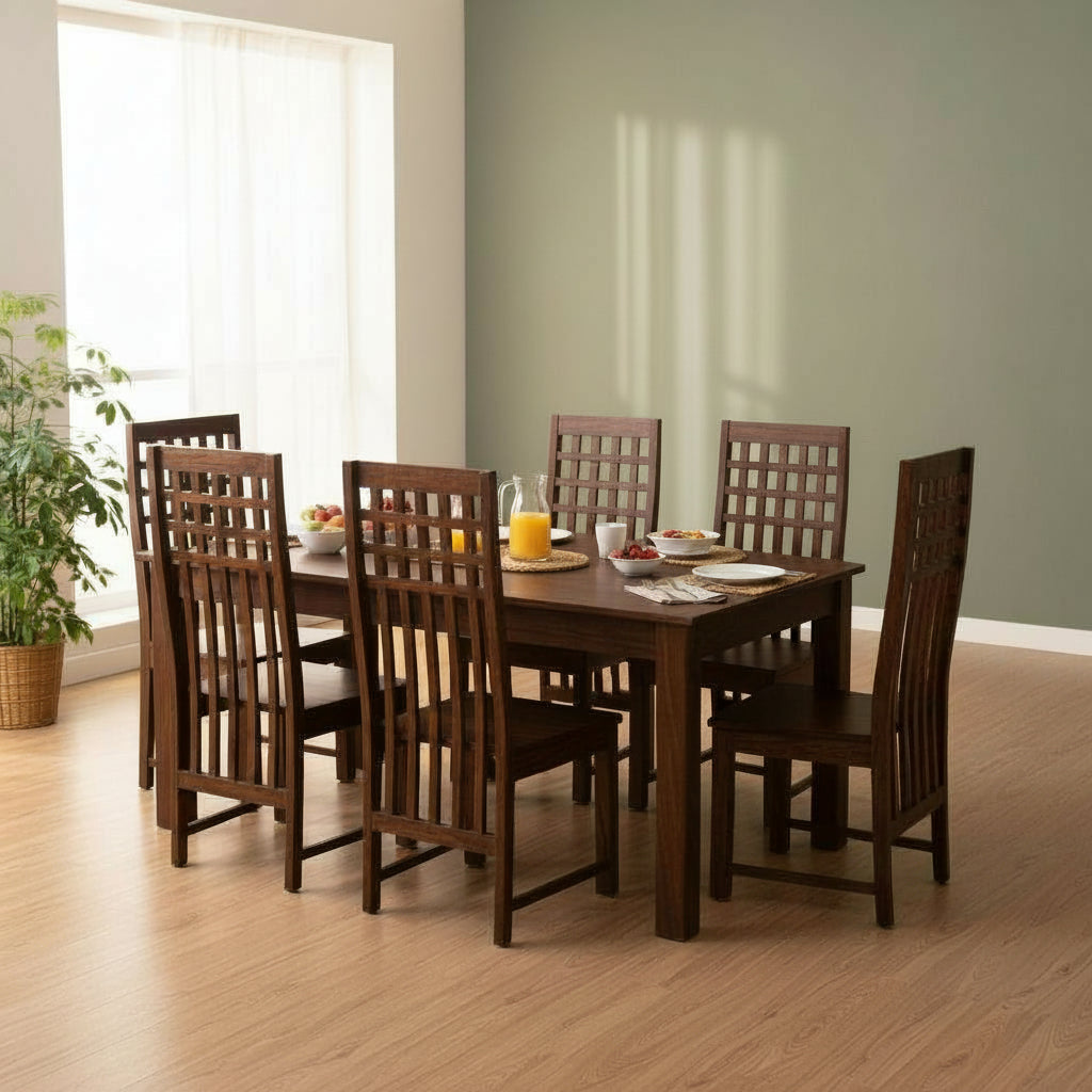 Solid Sheesham Wood Dining Table Set with High-Back Lattice Chairs – 6 Seater | Thar Arts & Furniture