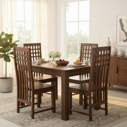 Solid Sheesham Wood Dining Table Set with High-Back Lattice Chairs – 4 Seater | Thar Arts & Furniture