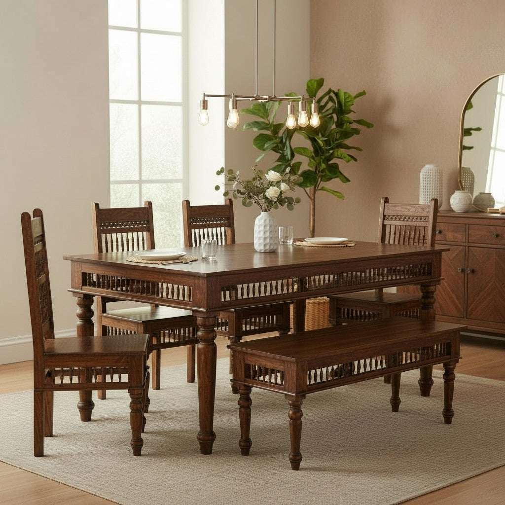 Traditional Solid Wood Dining Table Set with Spindle-Carved Chairs – 6 Seater | Thar Arts & Furniture