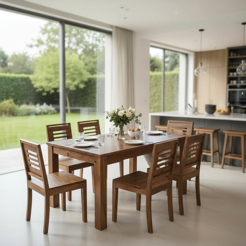 Solid Sheesham Wood Dining Table Set – 6 Seater | Modern Slatted-Back Chair Design | Thar Arts & Furniture