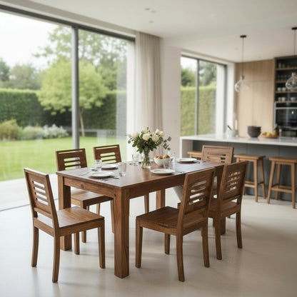 Solid Sheesham Wood Dining Table Set – 6 Seater | Modern Slatted-Back Chair Design | Thar Arts & Furniture