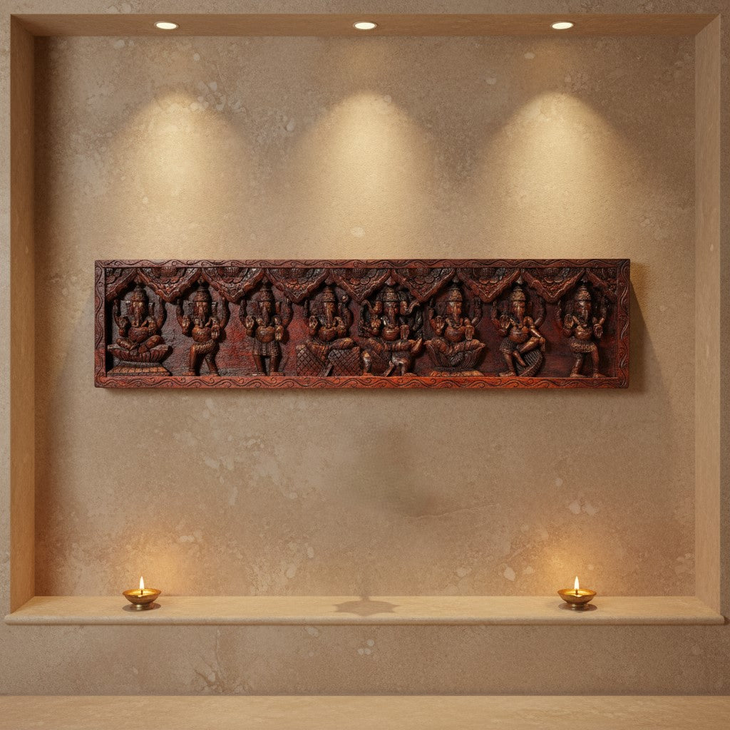 Wooden Ganesha Panel - Hand-Carved Astha Ganesh Wall Hanging | Thar Arts & Furniture