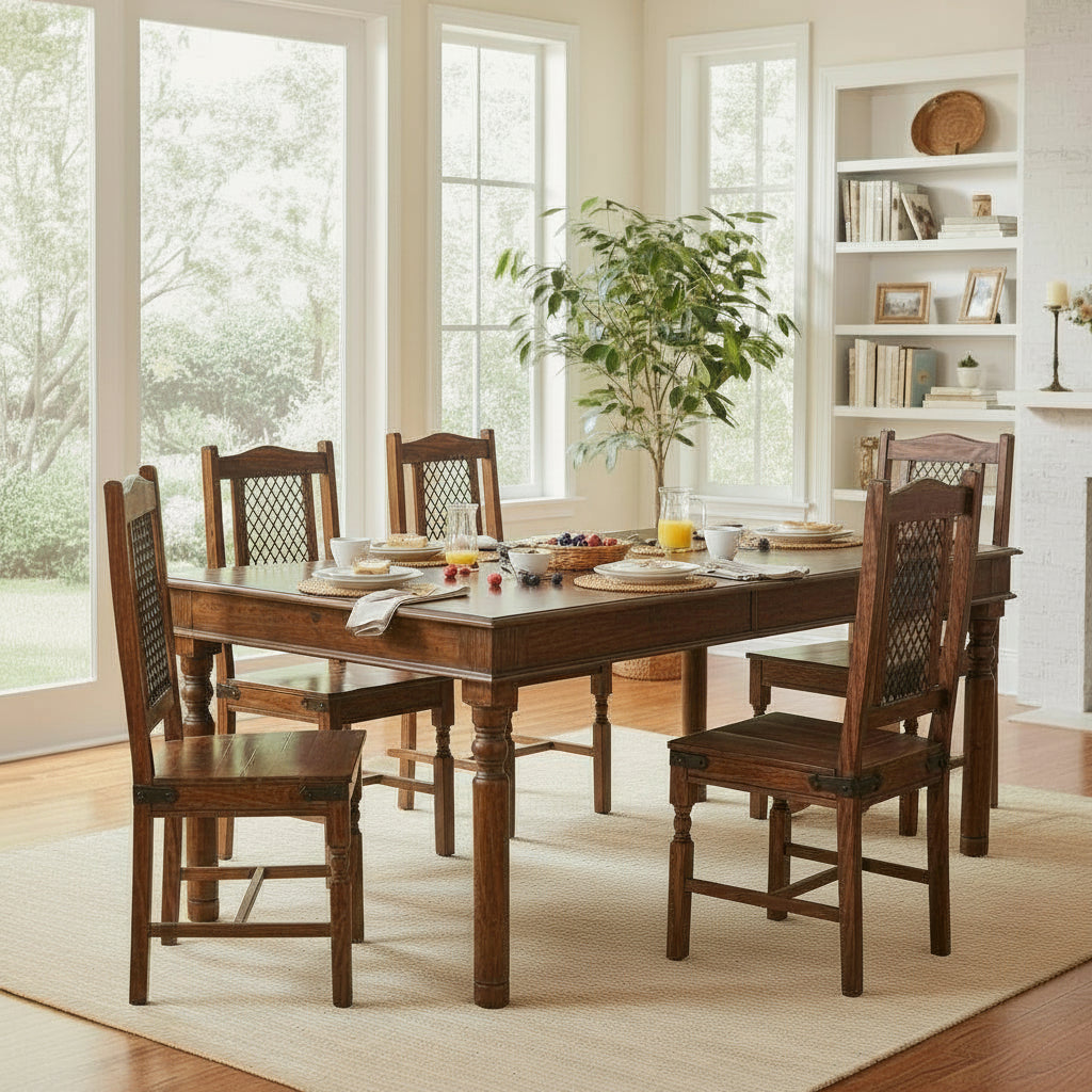 Solid Sheesham Wood Dining Table Set with Metal Mesh Back Chairs – 6 Seater | Industrial Traditional Fusion | Thar Arts & Furniture