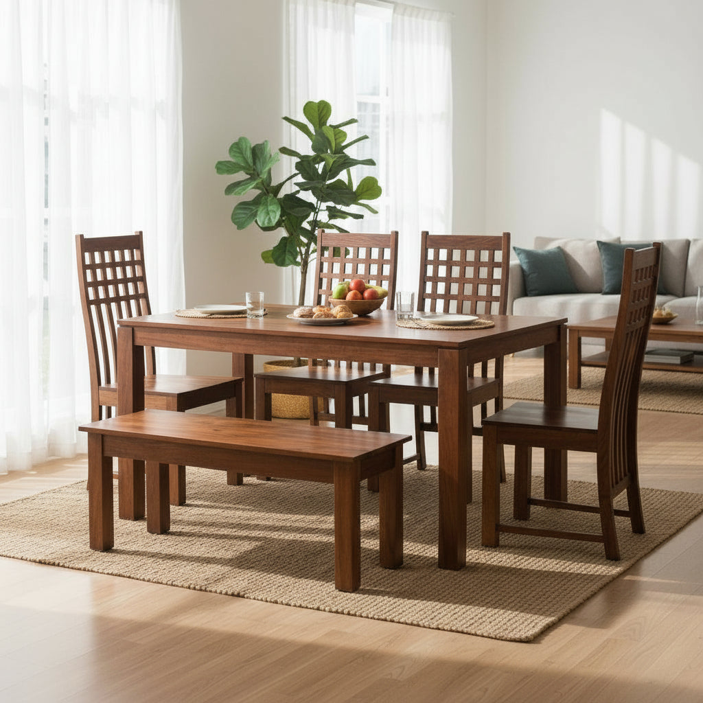 Solid Sheesham Wood Dining Table Set with Bench & Lattice Back Chairs – 6 Seater | Thar Arts & Furniture