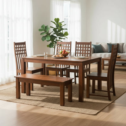 Solid Sheesham Wood Dining Table Set with Bench & Lattice Back Chairs – 6 Seater | Thar Arts & Furniture