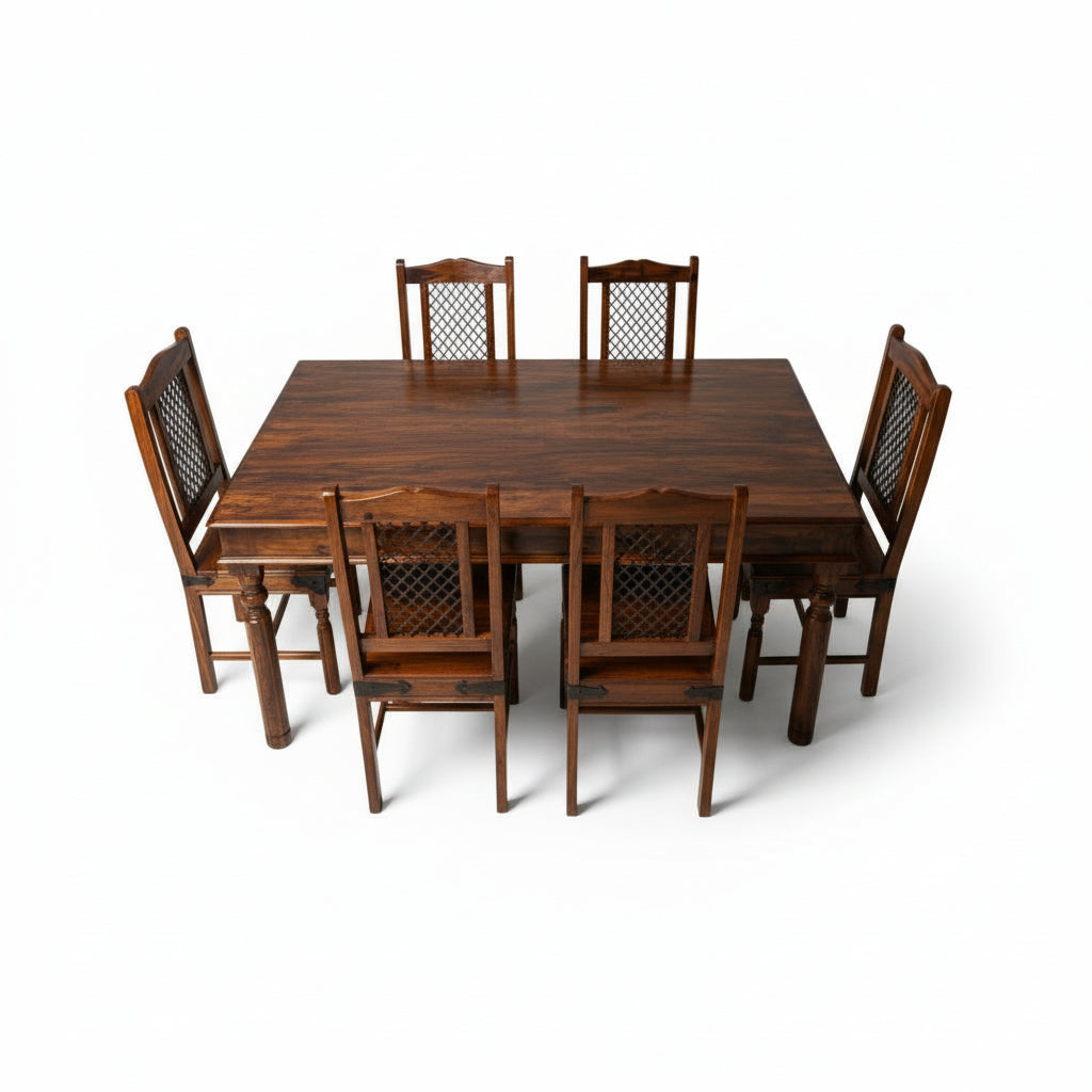 Solid Sheesham Wood Dining Table Set with Metal Mesh Back Chairs – 6 Seater | Industrial Traditional Fusion | Thar Arts & Furniture