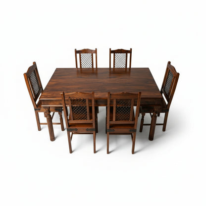 Solid Sheesham Wood Dining Table Set with Metal Mesh Back Chairs – 6 Seater | Industrial Traditional Fusion | Thar Arts & Furniture
