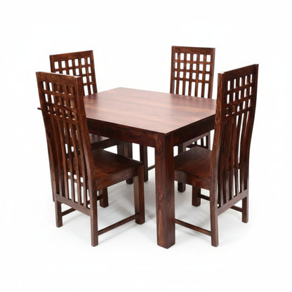 Solid Sheesham Wood Dining Table Set with High-Back Lattice Chairs – 4 Seater | Thar Arts & Furniture