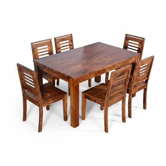 Solid Sheesham Wood Dining Table Set – 6 Seater | Modern Slatted-Back Chair Design | Thar Arts & Furniture