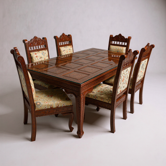 Heritage Hand-Carved Solid Wood Dining Set – Glass Top | Premium Fabric Seating – 6 Seater | Thar Arts & Furniture