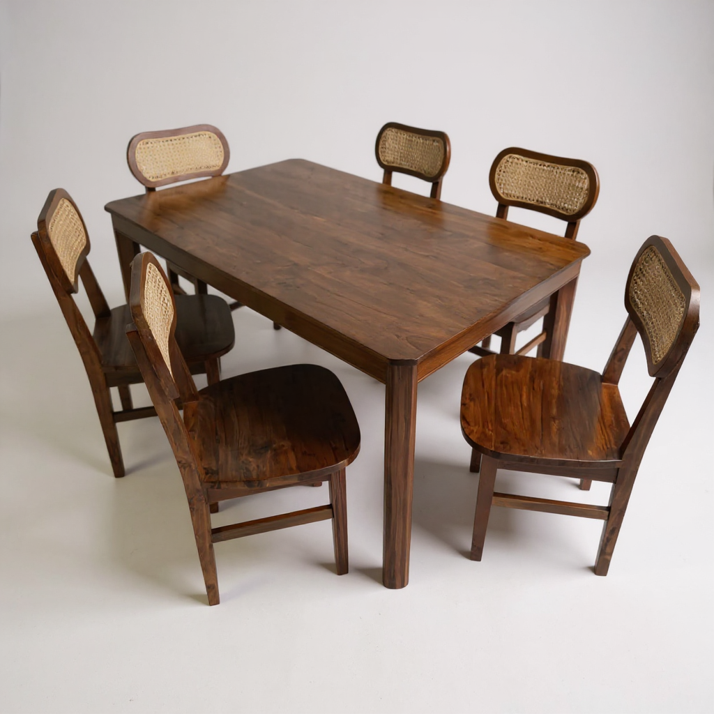 Mid-Century Solid Wood Dining Table Set – 6 Seater with Cane Back Chairs | Thar Arts & Furniture