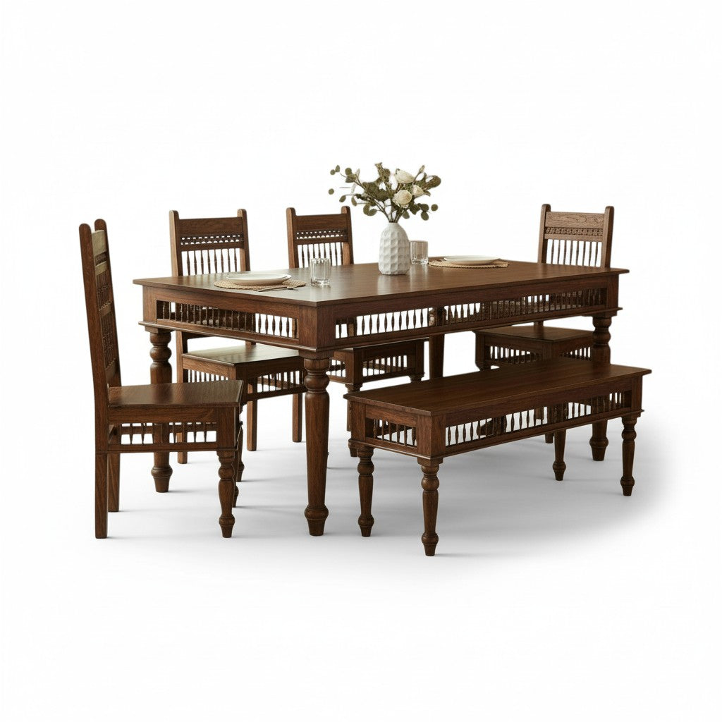 Traditional Solid Wood Dining Table Set with Spindle-Carved Chairs – 6 Seater | Thar Arts & Furniture