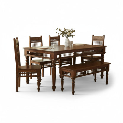 Traditional Solid Wood Dining Table Set with Spindle-Carved Chairs – 6 Seater | Thar Arts & Furniture