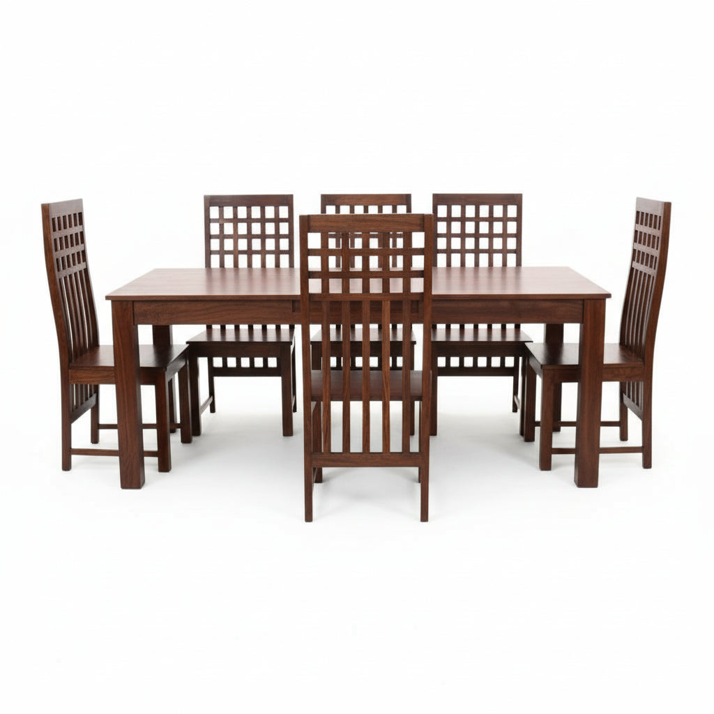 Solid Sheesham Wood Dining Table Set with High-Back Lattice Chairs – 6 Seater | Thar Arts & Furniture