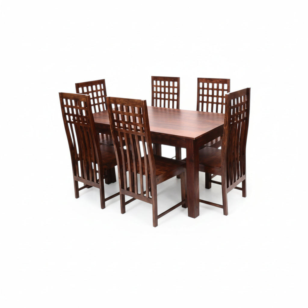 Solid Sheesham Wood Dining Table Set with High-Back Lattice Chairs – 6 Seater | Thar Arts & Furniture