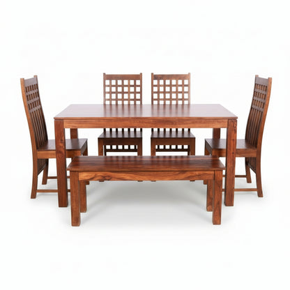 Solid Sheesham Wood Dining Table Set with Bench & Lattice Back Chairs – 6 Seater | Thar Arts & Furniture