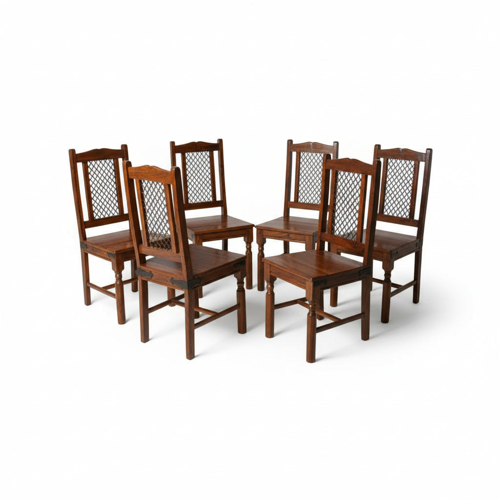 Solid Sheesham Wood Dining Table Set with Metal Mesh Back Chairs – 6 Seater | Industrial Traditional Fusion | Thar Arts & Furniture