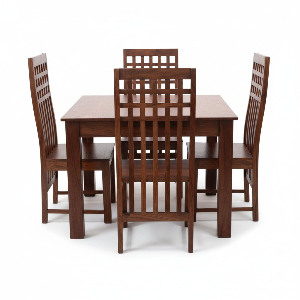 Solid Sheesham Wood Dining Table Set with High-Back Lattice Chairs – 4 Seater | Thar Arts & Furniture