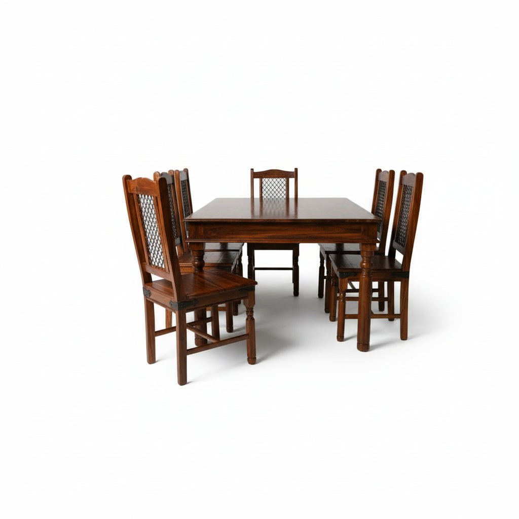 Solid Sheesham Wood Dining Table Set with Metal Mesh Back Chairs – 6 Seater | Industrial Traditional Fusion | Thar Arts & Furniture