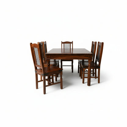 Solid Sheesham Wood Dining Table Set with Metal Mesh Back Chairs – 6 Seater | Industrial Traditional Fusion | Thar Arts & Furniture