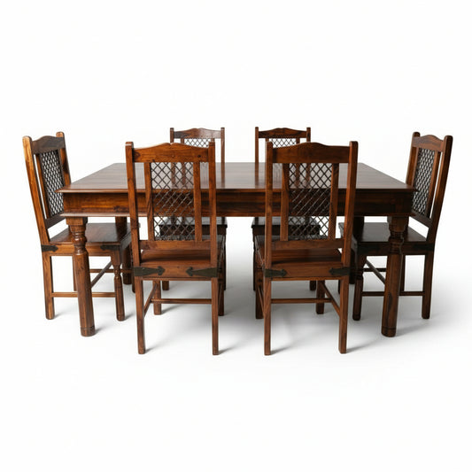 Solid Sheesham Wood Dining Table Set with Metal Mesh Back Chairs – 6 Seater | Industrial Traditional Fusion | Thar Arts & Furniture