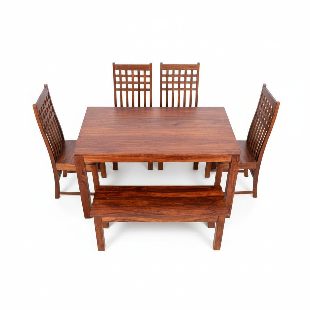 Solid Sheesham Wood Dining Table Set with Bench & Lattice Back Chairs – 6 Seater | Thar Arts & Furniture