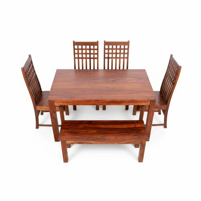 Solid Sheesham Wood Dining Table Set with Bench & Lattice Back Chairs – 6 Seater | Thar Arts & Furniture