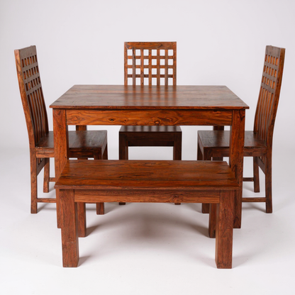 Solid Wood Dining Table Set with High-Back Chairs & Bench – 4 Seater | Thar Arts & Furniture