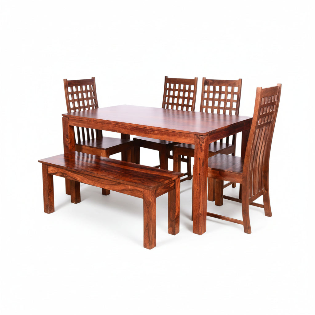 Solid Sheesham Wood Dining Table Set with Bench & Lattice Back Chairs – 6 Seater | Thar Arts & Furniture