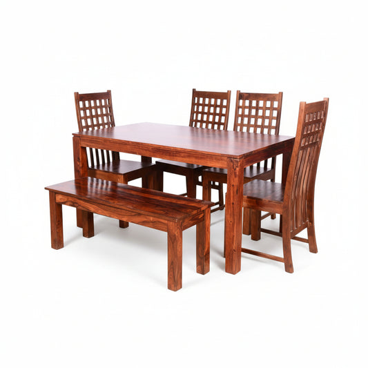 Solid Sheesham Wood Dining Table Set with Bench & Lattice Back Chairs – 6 Seater | Thar Arts & Furniture