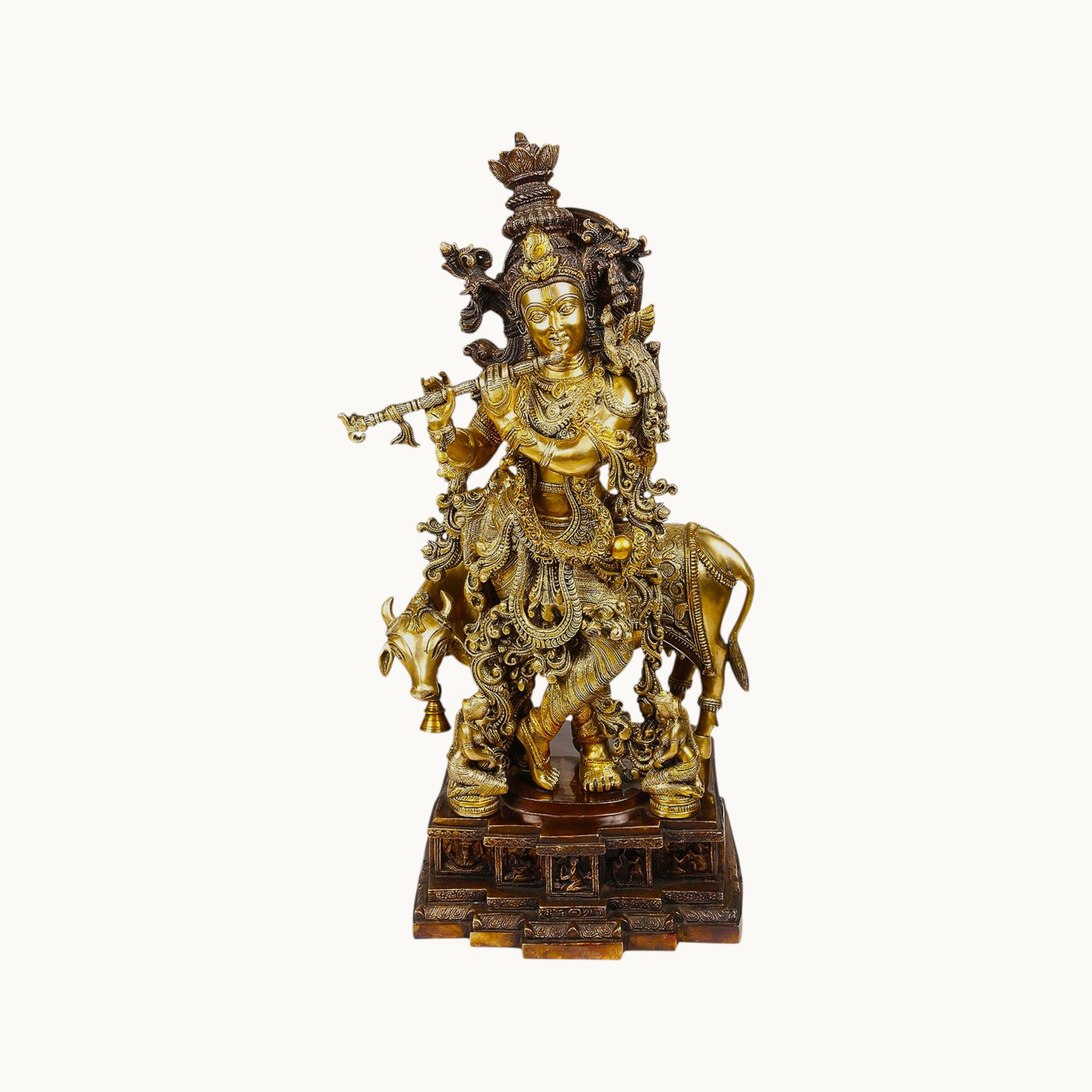 Thar Arts And Furniture - Brass Krishna Statue With Base work