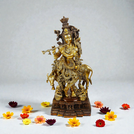Brass Krishna Statue with Base Work – Premium Solid Brass | Thar Arts & Furniture