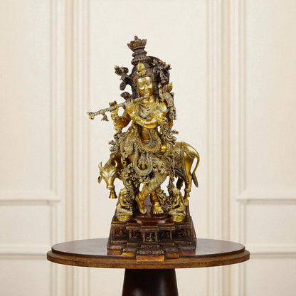 Thar Arts And Furniture - Brass Krishna Statue With Base work