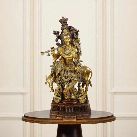 Thar Arts And Furniture - Brass Krishna Statue With Base work