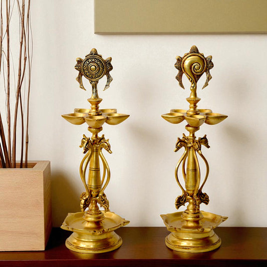 Thar Arts And Furniture - Brass Shankh and Chakra Lamp Set