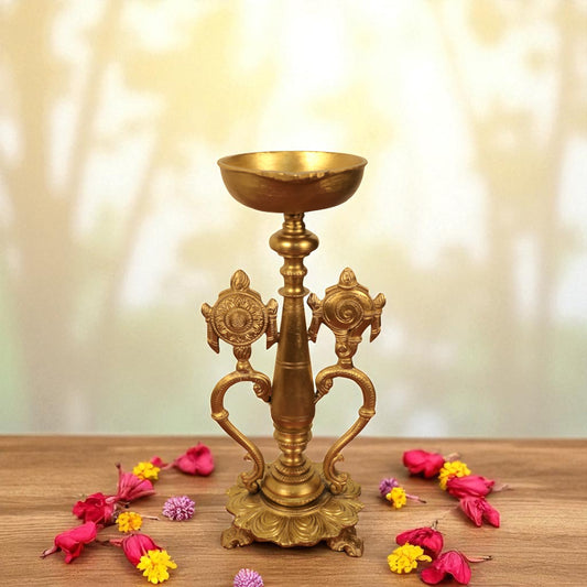 Thar Arts And Furniture - Brass Shankh Chakra  Lamp For Pooja Room